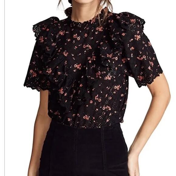 EUC Ulla Johnson Choux Eyelet Blouse Ruffled Noir Sz 2 Floral Romantic - Picture 1 of 11